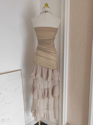 Niulatu High Low Strapless Champagne Chiffon Ruffles Vacation Dress Women Dresses SD141
